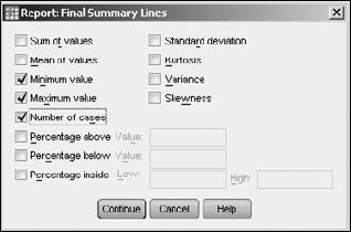 Selection of the types of summary values to appear at the bottom of the table.