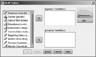 The OLAP Cubes dialog box is where you choose variables for the tables.