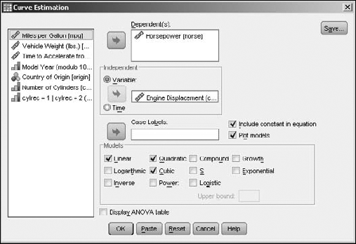 Select the variables involved in curve fitting and the types of curves.