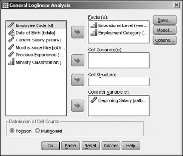 Select the variables to take part in a log linear general analysis.