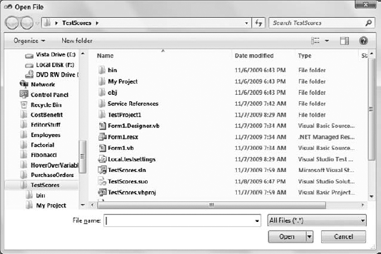 The Open File dialog box lets you select files to view and edit.