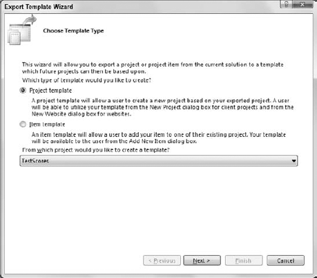 The File/Export Template command displays this dialog box to help you create project or items templates that you can easily use in other projects.