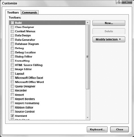 The Customize dialog box's Toolbars tab lets you determine which toolbars are visible.