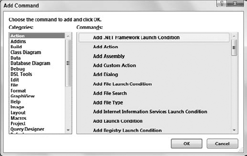 The Add Command dialog lets you add commands to toolbars and menus.
