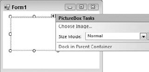 The PictureBox control's smart tag lets you choose an image, set the control's SizeMode, or dock the control in its container.