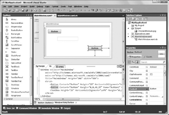 The WPF Designer includes a WYSIWYG design surface and an XAML code editor