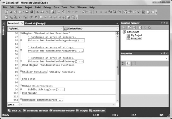 The code editor outlines namespaces, classes and their methods, modules and their methods, and regions.