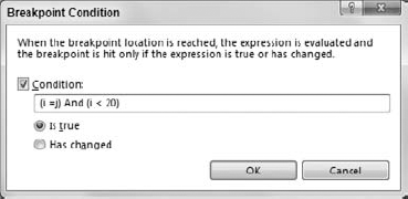 The Breakpoint Condition dialog box lets you specify a condition that determines whether Visual Studio stops at the breakpoint.