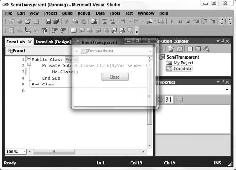 A form with Opacity set to 66% allows the Visual Basic IDE to show through.