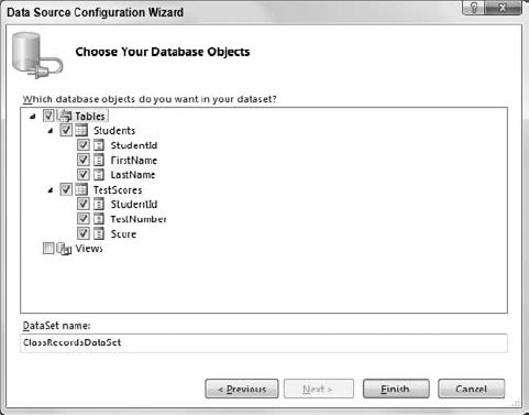 Select the database objects that you want included in the data source.