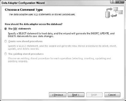 Select the method the data adapter will use to manipulate database data.