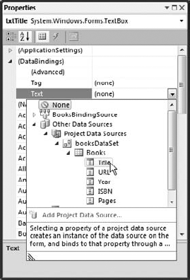 You can bind a simple control property to a data source at design time.