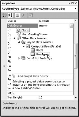 Set the ComboBox's DataSource property to the UserTypes table.