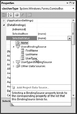 Set the BindingSource object's SelectedValue to the UsersBindingSource object's UserType field.