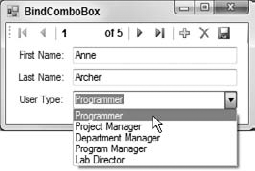 At runtime, the ComboBox displays the field bound to its DisplayMember property while updating the field bound to its SelectedValue property.