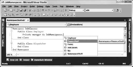 IntelliSense displays curly braces ({}) to the left of namespaces such as FinanceStuff and JobClasses.