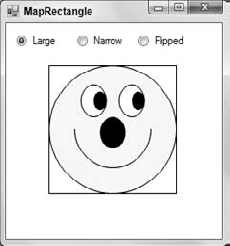 This program uses the MapRectangles subroutine to map a smiley face in world coordinates into a rectangle in device coordinates.