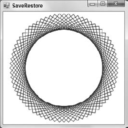 This program saves and restores the Graphics object's state containing a scaling and translation, adding an extra rotation as needed.