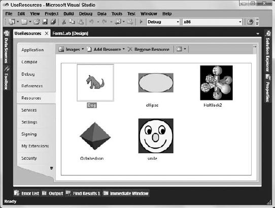 The Resources tab contains image and other resources used by the application.