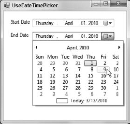 The DateTimePicker control lets the user select a date and time.