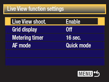 These are the options that you can set for Live View shooting.