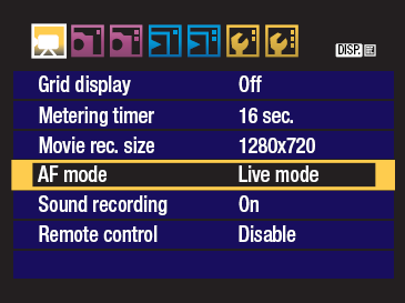 The Movie shooting mode menu