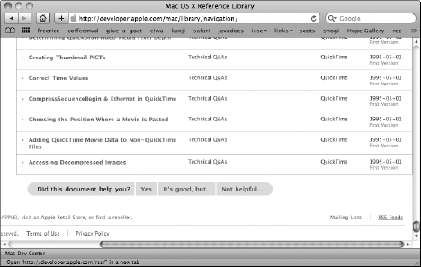 RSS link at the bottom right of the Mac OS X Reference Library Web page