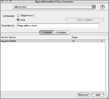 Legacy Interface Builder's Class Inspector with Java option selected