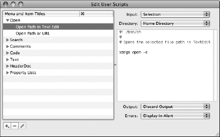 User Scripts dialog box in Xcode