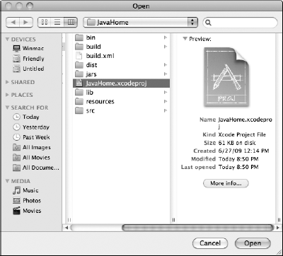 Selecting the JavaHome Xcode project from the Open dialog.