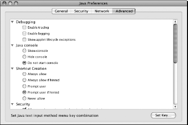 Advanced tab of Java Preferences