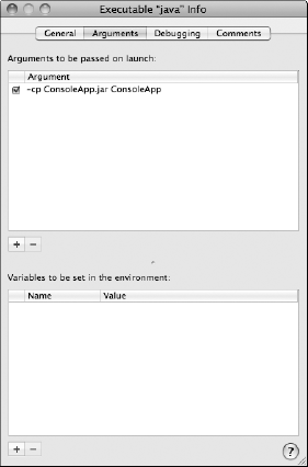 Arguments tab in Executable configuration