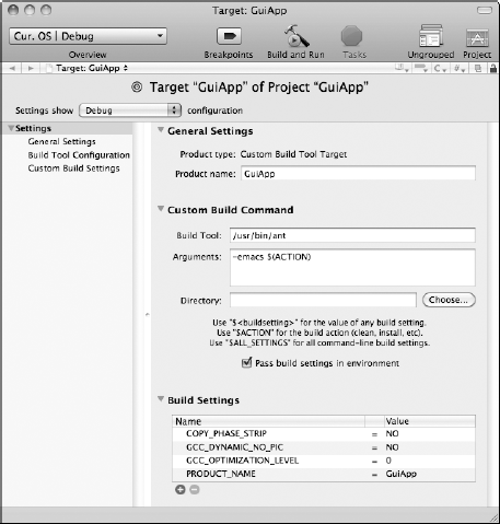 Configured GuiApp Target dialog box