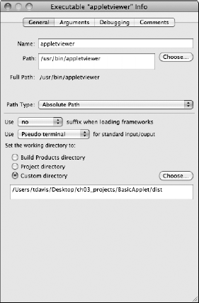 General tab for appletviewer Executable configuration dialog box