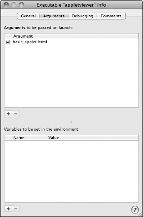 Arguments tab in appletviewer Executable configuration