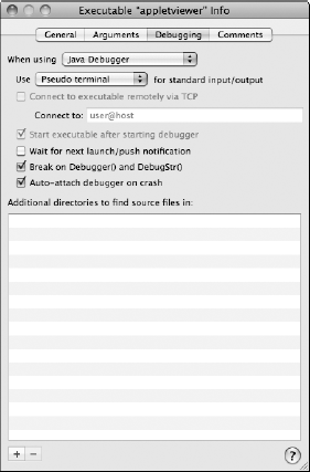 Applet Debugging tab in Executable configuration