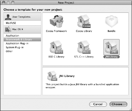 New Project dialog box with JNI Library template selected