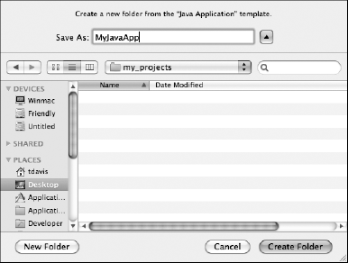 Creating a new folder from the "Java Application" template in Organizer