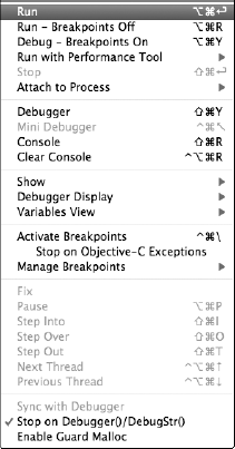 Run menu contains several options for executing your application.