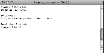 Terminal display of Ant build indicating a circular dependency