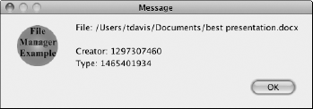 Message dialog box showing a file path, type, and creator