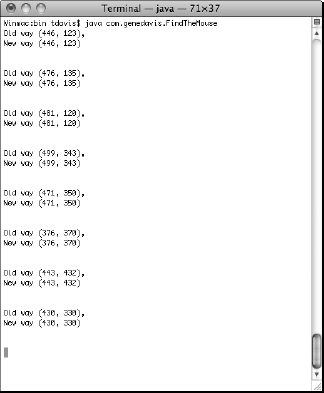 Results of executing the FindTheMouse class in the Terminal