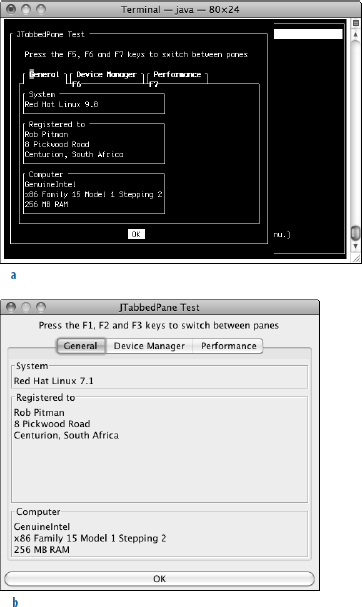 Charva JTabbedPane (a); Java Swing version of the Charva JTabbedPane (b)