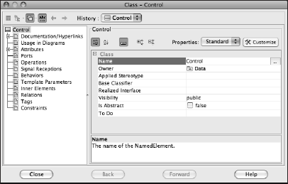 MagicDraw properties dialog box for a class named Control