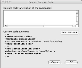 Custom widget code creation dialog box