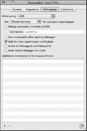 Debugging tab in Executable configuration