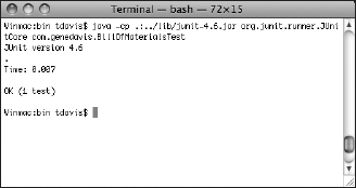 JUnit test results shown in the Terminal