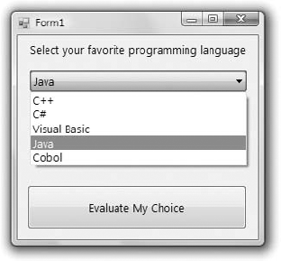 Displaying options in a ComboBox control