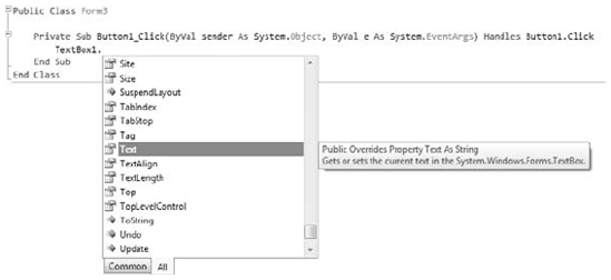 Viewing the members of a control in the IntelliSense drop-down list