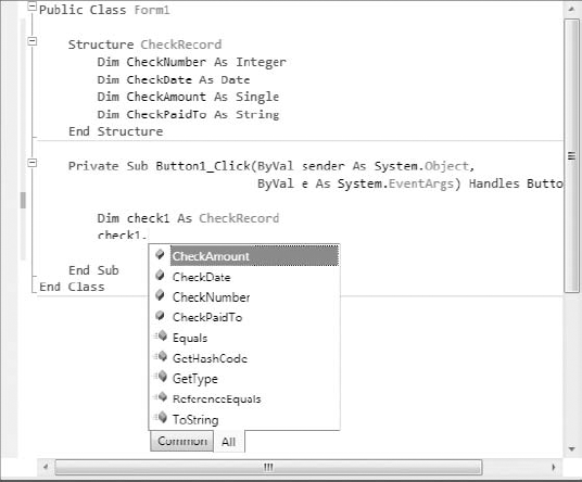 Variables of custom types expose their members as properties.